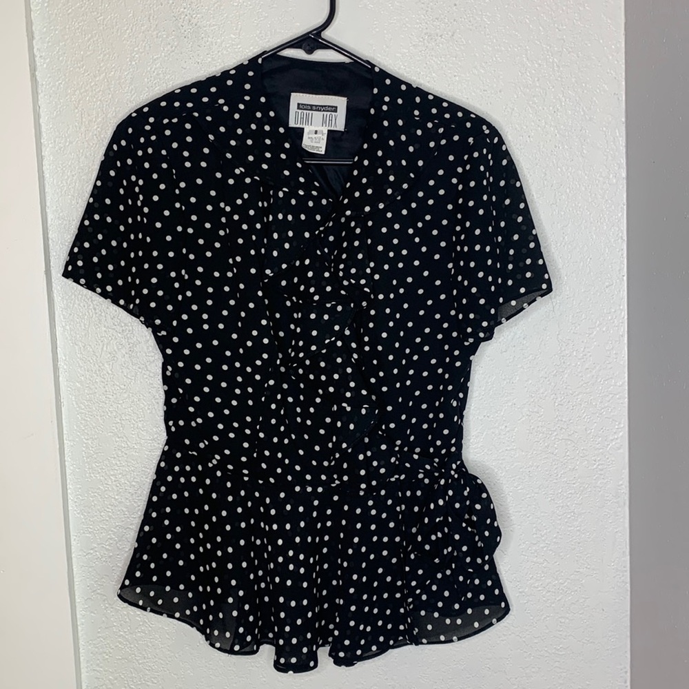 Lois Snyder Dani Max black white polka dot sheer lined wrap shirt short sleeve